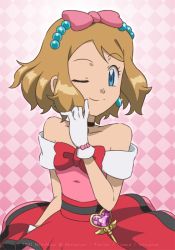 Rule 34 | 1girl, bare shoulders, black choker, blue eyes, bow, choker, closed mouth, commentary, creatures (company), dress, earrings, english commentary, eyelashes, game freak, glint, gloves, hair bow, hairband, jewelry, key, looking at viewer, nintendo, noelia ponce, one eye closed, pink bow, pokemon, pokemon (anime), pokemon xy (anime), red bow, serena (pokemon), smile, solo, split mouth, watermark, white gloves