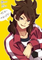 Rule 34 | 1boy, ball, brown hair, fudou akio, inazuma eleven (series), inazuma eleven go, long hair, looking at viewer, male focus, open mouth, saku anna, simple background, soccer ball, solo, telstar, translation request, twitter username, upper body, yellow background