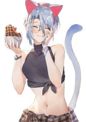 Rule 34 | 1girl, ^ ^, absurdres, animal ears, aochoku, bare shoulders, black shirt, blush, breasts, cat ears, cat tail, closed eyes, closed mouth, clothes around waist, eating, closed eyes, fake animal ears, food, food on face, glasses, grey hair, hairband, hand on own cheek, hand on own face, hands up, highres, midriff, navel, original, parted lips, round eyewear, shirt, short hair, simple background, sleeveless, sleeveless shirt, small breasts, solo, tail, tied shirt, turtleneck, waffle, watch, white background, wristband, wristwatch