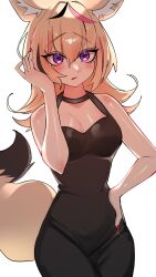 Rule 34 | 1girl, animal ear fluff, animal ears, black dress, blonde hair, blush, breasts, cleavage, dress, fox ears, fox girl, fox tail, hair ornament, highres, hololive, looking at viewer, medium breasts, multicolored hair, omaru polka, purple eyes, simple background, solo, tail, virtual youtuber, white background, yuuppi