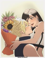Rule 34 | 1boy, 1girl, artist name, bare arms, bare shoulders, black hair, blonde hair, blue eyes, blush, bouquet, cloud strife, commentary, couple, crop top, earrings, english commentary, eye contact, final fantasy, final fantasy vii, final fantasy vii remake, flower, hetero, highres, holding, holding bouquet, jewelry, katsuartsu, long hair, looking at another, open mouth, red eyes, ribbed sweater, single earring, smile, spiked hair, stud earrings, sunflower, suspenders, sweater, swept bangs, tank top, teardrop earring, teeth, tifa lockhart, turtleneck, turtleneck sweater, upper body, upper teeth only, white tank top