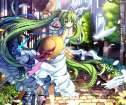 Rule 34 | 1girl, arms behind back, bird, capura lin, dress, feathers, flower, green eyes, green hair, hat, hatsune miku, long hair, looking at viewer, matching hair/eyes, petals, smile, solo, sun hat, sundress, twintails, very long hair, vocaloid