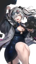 Rule 34 | 1girl, animal ears, arknights, breasts, china dress, chinese clothes, cleavage, cleavage cutout, clenched hand, clothing cutout, dress, eyewear on head, fang, feater (arknights), grey hair, highres, jacket, large breasts, long hair, multicolored hair, panda ears, solo, streaked hair, sunglasses, twintails, twitter username, white background, yamada rokkaku