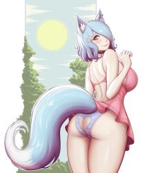 Rule 34 | 1girl, animal ear fluff, ass, ass cutout, back, blue eyes, blue hair, blue pupils, blue sky, breasts, butt crack, carrion art, closed mouth, clothing cutout, cloud, commentary, dress, english commentary, eyelashes, hair ornament, hair over one eye, heart, heart cutout, heart hair ornament, highres, hinari (kaos art), large breasts, medium hair, original, pillarboxed, pink dress, pink lips, sky, smile, solo, standing, sun, tail, tree