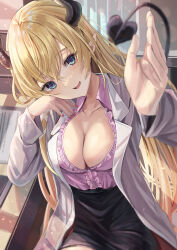 Rule 34 | 1girl, black skirt, blonde hair, blue eyes, blurry, breasts, center frills, cleavage, collarbone, demon tail, depth of field, elbow rest, frills, hair between eyes, high-waist skirt, highres, hololive, horns, indoors, lab coat, large breasts, long hair, looking at viewer, open mouth, partially unbuttoned, pink shirt, pointy ears, reaching, reaching towards viewer, red nails, shigiroid, shirt, sitting, skirt, smile, tail, very long hair, virtual youtuber, yuzuki choco, yuzuki choco (1st costume)