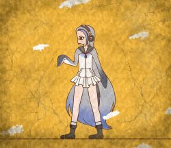 Rule 34 | 10s, 1girl, ankle boots, boots, commentary request, crack, egyptian art, frilled skirt, frills, from side, giant penguin (kemono friends), grey hair, headphones, highres, hood, hoodie, kemono friends, kita (7kita), long hair, multicolored hair, mural, profile, skirt, solo, very long hair, white skirt, yellow background