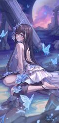 Rule 34 | 1girl, absurdres, bare shoulders, barefoot, black hair, blue eyes, blue flower, breasts, bug, butterfly, closed mouth, cloud, commentary request, dress, feet, flower, full moon, hair between eyes, highres, honkai (series), honkai impact 3rd, insect, legs, long hair, looking at viewer, looking to the side, moon, night, night sky, outdoors, pillar, ruins, seele vollerei, signature, sky, small breasts, smile, solo, toenails, toes, very long hair, water, white dress, yelan xing xuan