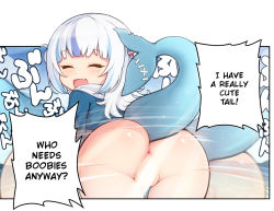 Rule 34 | 1girl, anus, ass, ass shake, blue hair, blue hoodie, blunt bangs, blush, cameltoe, censored, cleft of venus, closed eyes, derivative work, english text, female focus, fins, fish tail, gawr gura, highres, hololive, hololive english, hood, hoodie, light censor, comic panel redraw, medium hair, merrytail, partially visible vulva, shark girl, shark tail, smile, solo, speech bubble, tail, two side up, virtual youtuber, white hair