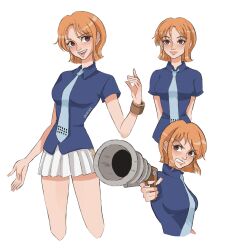 Rule 34 | 1girl, absurdres, arms behind back, blue necktie, blue shirt, bracelet, brown eyes, clenched teeth, commentary, cowboy shot, eiriseth, english commentary, gun, highres, holding, holding gun, holding weapon, jewelry, looking to the side, miniskirt, nami (one piece), necktie, one piece, orange hair, pink lips, shirt, short sleeves, simple background, skirt, smile, solo, teeth, weapon, white background