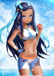 Rule 34 | 1girl, absurdres, aqua hair, armpit peek, bad id, bad pixiv id, bike shorts, black gloves, blue eyes, blue gloves, blue hair, breasts, cloud, cloudy sky, cowboy shot, creatures (company), dark-skinned female, dark skin, day, earrings, floating hair, game freak, gloves, guntree, gym leader, hair ornament, hand on own hip, highres, hoop earrings, jewelry, medium breasts, midriff, multicolored hair, navel, necklace, nessa (pokemon), nintendo, ocean, outdoors, parted lips, partially submerged, poke ball, pokemon, pokemon swsh, single glove, sky, solo, sports bra, standing, straight hair, taut clothes, thighs, two-tone gloves, two-tone hair, wading, water drop, wristband