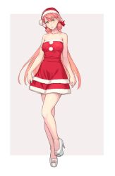 Rule 34 | 1girl, akashi (kancolle), alternate costume, bare arms, bare legs, bare shoulders, breasts, christmas, collarbone, commentary request, dress, full body, fur-trimmed dress, fur trim, green eyes, hair ribbon, hat, high heels, highres, kantai collection, large breasts, leg up, long hair, looking at viewer, pink hair, red dress, ribbon, santa costume, santa hat, simple background, sleeveless, sleeveless dress, solo, standing, standing on one leg, strapless, strapless dress, striped, striped background, toeless footwear, tress ribbon, two-tone background, very long hair, white background, yuuji (and)