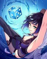 Rule 34 | 1girl, aqua eyes, armpits, arms up, bare shoulders, black hair, blue background, blue hair, breasts, brooch, cleavage, commentary, dice, feet out of frame, genshin impact, gradient hair, highres, jellypon, jewelry, large breasts, looking at viewer, multicolored hair, pink lips, short hair, sleeveless, smile, solo, thighs, yelan (genshin impact)