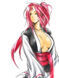 Rule 34 | 1girl, ahomira, amputee, arc system works, baiken, breasts, cleavage, facial mark, facial tattoo, female focus, forehead mark, guilty gear, japanese clothes, kataginu, kimono, large breasts, long hair, no bra, obi, one-eyed, open clothes, open kimono, pink eyes, pink hair, ponytail, sash, scar, scar across eye, scar on face, solo, tattoo