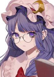 Rule 34 | 1girl, absurdres, bespectacled, blunt bangs, book, bow, capelet, crescent, crescent hat ornament, daimaou ruaeru, glasses, hat, hat ornament, highres, long hair, looking at viewer, mob cap, open book, patchouli knowledge, purple eyes, purple hair, red bow, round eyewear, simple background, solo, touhou, upper body, white background