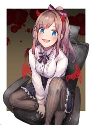 Rule 34 | 1girl, :d, absurdres, black skirt, blood, blood splatter, blue eyes, blush, bow, breasts, brown hair, brown pantyhose, chair, collared shirt, controller, crazy smile, demon horns, demon wings, dress shirt, frilled skirt, frills, game controller, hair bow, hair ornament, hairclip, high ponytail, highres, holding, horns, ky (ky990533), long sleeves, looking at viewer, medium breasts, nijisanji, no shoes, office chair, on chair, open mouth, pantyhose, ponytail, shirt, sitting, skirt, smile, solo, striped bow, striped clothes, striped pantyhose, striped skirt, suzuhara lulu, swept bangs, swivel chair, vertical-striped clothes, vertical-striped pantyhose, vertical-striped skirt, virtual youtuber, white shirt, wings, x hair ornament