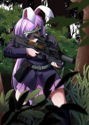 Rule 34 | 1girl, adapted costume, airsoft, animal ears, bag, belt, blurry, bullpup, commentary request, depth of field, forest, goggles, grass, grenade launcher, gun, highres, jacket, kouno ibuki, long hair, long sleeves, nature, p90, personal defense weapon, pleated skirt, purple hair, rabbit ears, red eyes, reisen udongein inaba, rifle, scope, skirt, solo, submachine gun, suppressor, touhou, very long hair, weapon