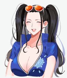 Rule 34 | 1girl, alternate hairstyle, black hair, breasts, cleavage, closed eyes, happy, highres, joman, large breasts, long hair, nico robin, one piece, open mouth, smile, solo, sunglasses on head, twintails