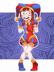 Rule 34 | 1girl, blue eyes, blue footwear, blue gloves, brown hair, dalsegno, full body, gloves, hat, hat bell, highres, jester, jester cap, multicolored clothes, multicolored eyes, multicolored hat, pale skin, pomni (the amazing digital circus), red eyes, red footwear, red gloves, scared, short hair, solo, standing, the amazing digital circus, two-tone sash