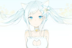 Rule 34 | 1girl, 3:, animal ears, arms at sides, bare shoulders, bell, blue eyes, blue hair, bra, breasts, cat cutout, cat ears, cat lingerie, choker, cleavage, cleavage cutout, closed mouth, clothing cutout, floating hair, flower, frilled bra, frills, hair flower, hair ornament, jingle bell, lingerie, long hair, looking at viewer, medium breasts, meme attire, neck bell, original, sagoshi, smile, solo, twintails, underwear, upper body, white bra, white flower