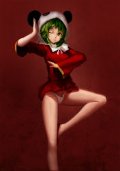 Rule 34 | 1girl, blackrabbitsoul, bow, bow panties, chinese clothes, green eyes, green hair, gumi, highres, looking at viewer, matching hair/eyes, one eye closed, panda hat, panties, pantyshot, red background, short hair, smile, solo, standing, standing on one leg, underwear, vocaloid, white panties, wink, yi er fan club (vocaloid)