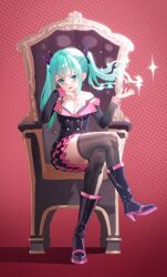Rule 34 | 1girl, absurdres, aqua eyes, aqua hair, belt, between legs, black belt, black jacket, black skirt, black thighhighs, blush, breasts, butterfly hair ornament, cleavage, dragonashen0201, fingernails, hair between eyes, hair ornament, hand between legs, hatsune miku, highres, honey whip (module), jacket, long hair, long sleeves, looking at viewer, medium breasts, nail polish, on bench, parted lips, project diva (series), red nails, sidelocks, simple background, sitting, skirt, small breasts, sweet devil (vocaloid), thighhighs, throne, vocaloid