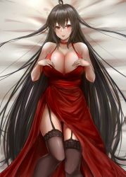 Rule 34 | 1girl, absurdres, azur lane, bare shoulders, black hair, blush, breasts, choker, cleavage, cocktail dress, dress, garter straps, hair between eyes, hair ornament, highres, large breasts, long hair, looking at viewer, lying, official alternate costume, on back, red dress, red eyes, smile, solo, srn ana, taihou (azur lane), taihou (forbidden feast) (azur lane), thighhighs, tongue, tongue out, very long hair