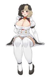 1girl animal_ears bell bigfall black_hair blonde_hair blush breasts cleavage collar dog_ears dog_girl dog_tail dress full_body hachiko_of_castling highres large_breasts last_origin looking_at_viewer multicolored_hair neck_bell panties pantyshot red_collar red_eyes short_hair simple_background sitting solo split-color_hair tail thighhighs two-tone_hair underwear white_background white_thighhighs