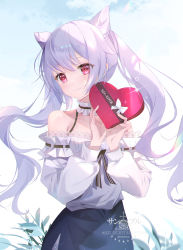Rule 34 | 1girl, absurdres, bare shoulders, black skirt, blush, box, commentary, cone hair bun, cowboy shot, eyes visible through hair, genshin impact, hair bun, heart-shaped box, highres, holding, holding box, keqing (genshin impact), long hair, long sleeves, looking at viewer, off-shoulder shirt, off shoulder, puffy long sleeves, puffy sleeves, purple hair, red eyes, revision, shirt, skirt, smile, solo, somna, standing, twintails, very long hair, white shirt