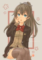 Rule 34 | 1girl, absurdres, blazer, bow, bowtie, brown hair, brown jacket, brown skirt, cardigan, commentary request, frilled skirt, frills, green eyes, grey background, hand on own face, highres, jacket, kantai collection, kumano (kancolle), kumano kai ni (kancolle), long hair, pot-de, red bow, red bowtie, ribbed thighhighs, school uniform, simple background, sitting, skirt, solo