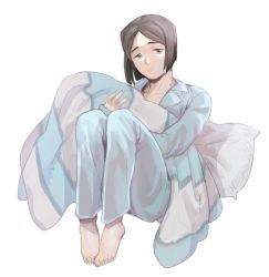 Rule 34 | 1boy, bad id, bad pixiv id, barefoot, black eyes, black hair, fate/zero, fate (series), male focus, pajamas, parted bangs, pillow, quilt, solo, waver velvet, wjm8532