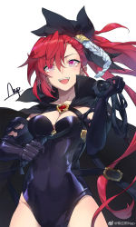 Rule 34 | 1girl, :d, artist name, asymmetrical bangs, black gloves, breasts, cape, cleavage, elbow gloves, fangs, gloves, hair between eyes, hair ornament, highres, leotard, long hair, looking at viewer, medium breasts, open mouth, pink eyes, rance (series), red hair, satella, side ponytail, signature, simple background, smile, solo, ttnap, very long hair, weibo watermark, whip