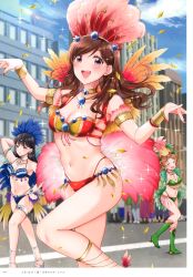 Rule 34 | 3girls, absurdres, arm up, artist name, blue eyes, blue sky, blurry, blurry background, blush, boots, breasts, brown hair, building, carnival, cleavage, closed eyes, closed mouth, cloud, cloudy sky, confetti, day, feather trim, feathers, fingernails, fur trim, gen (enji), green footwear, hair ornament, highres, jewelry, knee boots, lips, long hair, looking at viewer, medium breasts, multiple girls, nail polish, navel, open mouth, original, outdoors, page number, purple eyes, red nails, revealing clothes, scan, shiny skin, short hair, sky, smile, sparkle, stomach, thigh strap, thighs
