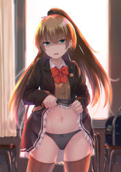 Rule 34 | 1girl, aqua eyes, bag, black panties, blouse, brown cardigan, brown hair, brown skirt, brown sweater, brown thighhighs, cardigan, clothes lift, commentary request, curtains, hair between eyes, highres, kantai collection, kumano (kancolle), kuroame (kurinohana), lifting own clothes, long hair, long sleeves, navel, neck ribbon, open mouth, panties, pleated skirt, ponytail, red ribbon, ribbon, school uniform, shaded face, shirt, skirt, skirt lift, solo, suzuya (kancolle), sweater, thighhighs, underwear, white shirt, window