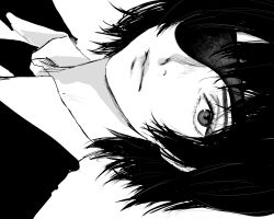 Rule 34 | 1girl, black hair, chainsaw man, collared shirt, eyepatch, formal, greyscale, himeno (chainsaw man), inoitoh, jacket, looking at viewer, monochrome, necktie, shirt, short hair, sideways, simple background, solo, suit, suit jacket, white background