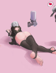Rule 34 | 1boy, 1girl, absurdres, ass, barefoot, black thighhighs, book, feet, floating, from behind, hairband, heart, highres, huge ass, leotard, lying, nier (series), nier:automata, no shoes, on stomach, robot, short hair, soles, thighhighs, thought bubble, toeless legwear, toes, white hair, 2b (nier:automata)