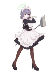 1girl absurdres alternate_costume apron black_dress black_footwear black_hair black_pantyhose blue_archive blush dagger densaneraa dress enmaided frilled_apron frills full_body green_eyes green_halo halo high_heels highres holding holding_dagger holding_knife holding_weapon knife long_sleeves maid maid_apron maid_headdress pantyhose saki_(blue_archive) short_hair simple_background solo weapon white_apron white_background