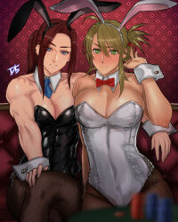 Rule 34 | 2girls, animal ears, blue eyes, blue necktie, blush, bow, bowtie, collarbone, commentary, crossed legs, detached collar, drill (emilio), embarrassed, fake animal ears, fishnet pantyhose, fishnets, folded ponytail, green eyes, hand on own knee, hand up, highres, leotard, light brown hair, looking at viewer, multiple girls, necktie, original, pantyhose, parted bangs, playboy bunny, red bow, red bowtie, scar, scar on face, short necktie, side ponytail, sitting, smile, wrist cuffs