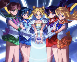 Rule 34 | 5girls, absurdres, bare legs, bishoujo senshi sailor moon, blonde hair, blue bow, blue bowtie, blue choker, blue eyes, blue hair, blue sailor collar, blue skirt, blush, bow, bowtie, brown hair, choker, circlet, closed mouth, collarbone, collared shirt, double bun, dress, earrings, elbow gloves, facial mark, floating hair, gloves, green choker, green eyes, green sailor collar, green skirt, hair bobbles, hair bun, hair intakes, hair ornament, hand on another&#039;s shoulder, high ponytail, highres, inner senshi, jewelry, long hair, miniskirt, multiple girls, orange choker, orange sailor collar, orange skirt, p m ame, parted bangs, pleated skirt, princess serenity, purple bow, purple bowtie, purple eyes, purple hair, red choker, red sailor collar, red skirt, sailor collar, sailor collar lift, sailor jupiter, sailor mars, sailor mercury, sailor senshi uniform, sailor shirt, sailor venus, shirt, short hair, skirt, sleeveless, sleeveless shirt, standing, very long hair, white dress, white gloves, white shirt
