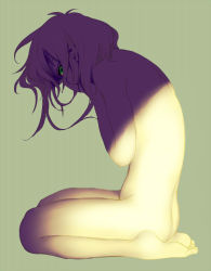 Rule 34 | 1girl, ass, barefoot, covering face, from side, full body, green background, green eyes, hand on own face, isaki uta, looking at viewer, nude, original, profile, seiza, shade, short hair, simple background, sitting, sketch, solo