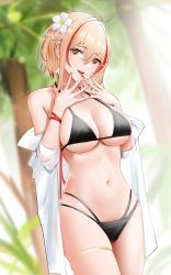 Rule 34 | 1girl, :d, absurdres, azur lane, bare shoulders, bikini, black bikini, blonde hair, blurry, blurry background, breasts, brown eyes, cleavage, cowboy shot, day, depth of field, flower, hair flower, hair ornament, hands on own chest, hands up, head tilt, highres, large breasts, long sleeves, looking at viewer, multi-strapped bikini, multicolored hair, nail polish, navel, open clothes, open mouth, open shirt, outdoors, palm tree, qing wu, red hair, red nails, red ribbon, ribbon, roon (azur lane), roon (muse) (azur lane), shirt, short hair, skindentation, smile, solo, stomach, streaked hair, sunlight, swimsuit, thigh strap, tree, two-tone hair, underboob, white flower, white shirt, wrist ribbon