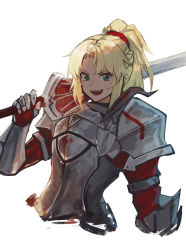Rule 34 | 1girl, :d, aito, armor, blonde hair, commentary request, cropped torso, fang, fate/apocrypha, fate (series), green eyes, hair ornament, hair scrunchie, hand up, highres, holding, holding sword, holding weapon, long hair, looking at viewer, mordred (fate), mordred (fate/apocrypha), open mouth, over shoulder, parted bangs, ponytail, red scrunchie, scrunchie, shoulder plates, simple background, smile, solo, sword, upper body, weapon, weapon over shoulder, white background