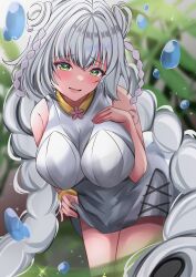 Rule 34 | 1girl, absurdres, alternate breast size, blush, braid, breasts, clothes lift, cowboy shot, dress, dress lift, duel monster, green eyes, grey hair, highres, lafremi, large breasts, long hair, open mouth, solo, traptrix genlisea, twin braids, very long hair, water drop, yu-gi-oh!