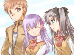 Rule 34 | 00s, 1boy, 2girls, aqua eyes, brown eyes, brown hair, emiya shirou, expressionless, fate/stay night, fate (series), height difference, homurahara academy school uniform, light purple hair, long hair, matou sakura, multiple girls, neck ribbon, one side up, profile, ribbon, school uniform, shirt, short hair, simple background, smile, tohsaka rin, twintails, two side up, vest