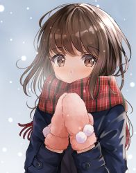 Rule 34 | 1girl, absurdres, blue jacket, blush, brown eyes, brown hair, commentary request, covered mouth, enpera, fringe trim, hands up, highres, jacket, long hair, long sleeves, looking at viewer, mittens, original, own hands together, pink mittens, plaid, plaid scarf, red scarf, scarf, sin (sin52y), snowing, solo, upper body, winter