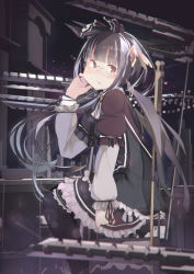 Rule 34 | 10s, 1girl, bad id, bad pixiv id, black hair, black pantyhose, blunt bangs, blurry, blush, bow, brown eyes, building, chain chronicle, cowboy shot, depth of field, eyebrows, frilled bow, frilled skirt, frilled sleeves, frills, from side, fuu fuu, glasses, hair bow, hair ornament, hand on own cheek, hand on own face, highres, lens flare, long hair, long sleeves, looking at viewer, looking to the side, night, night sky, open mouth, pantyhose, rimless eyewear, sitting, skirt, sky, solo, star (sky), starry sky, zeirna