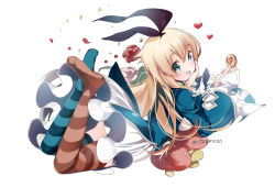 Rule 34 | 1girl, alice (grimms notes), blue thighhighs, brown thighhighs, grimms notes, rougetsu, simple background, solo, striped clothes, striped thighhighs, tagme, thighhighs, white background