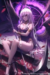 Rule 34 | 1girl, angel wings, ankle strap, armband, bare legs, black wings, breasts, cleavage, clenched teeth, commentary request, constricted pupils, copyright name, crazy eyes, cross, crossed legs, cutout above navel, dress, feathers, full body, gem, grey hair, hair between eyes, high heels, highres, holding, jewelry, large breasts, long bangs, long hair, magic circle, minttchocok, multiple wings, open mouth, original, petals, purple dress, red eyes, scythe, shadow, sitting, solo, sparkle, stairs, stiletto heels, teeth, thighs, very long hair, wings