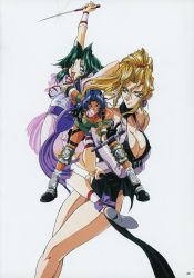 Rule 34 | 1990s (style), 3girls, absurdres, blonde hair, blue eyes, blue hair, breasts, cleavage, crossed arms, dagger, dark-skinned female, dark skin, earrings, elbow pads, ellis (toushinden), full body, green hair, hand on own hip, highres, holding, holding dagger, holding knife, holding weapon, jewelry, knee pads, knife, large breasts, legs, leotard, long legs, multiple girls, open mouth, pelvic curtain, retro artstyle, see-through, see-through skirt, simple background, skirt, sofia (toushinden), thigh strap, thighs, tonfa, toushinden, tracy (toushinden), weapon, white background, white leotard, yokota mamoru