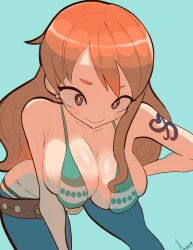 Rule 34 | 1girl, akisas99, aqua background, bare shoulders, belt, bent over, bikini, bikini top only, blue pants, blush, breast press, breasts, brown belt, brown eyes, cleavage, closed mouth, collarbone, denim, dot nose, earrings, green bikini, groin, hair over breasts, hair over one breast, hair over shoulder, hand on own hip, highres, jeans, jewelry, large breasts, long hair, looking at viewer, midriff, multicolored bikini, multicolored clothes, nami (one piece), one piece, orange hair, pants, shiny skin, short eyebrows, shoulder tattoo, signature, simple background, smile, solo, swimsuit, tattoo, thick eyebrows, tight clothes, tight pants, very long hair, white bikini