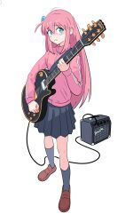 Rule 34 | 1girl, bad id, bad twitter id, blue eyes, bocchi the rock!, brown footwear, cube hair ornament, electric guitar, full body, gotoh hitori, grey skirt, grey socks, guitar, hair between eyes, hair ornament, highres, holding, holding instrument, holding plectrum, instrument, jacket, kevin hong, loafers, long hair, long sleeves, looking at viewer, one side up, pink hair, pink jacket, pleated skirt, plectrum, shoes, skirt, socks, solo, speaker, standing, track jacket, white background